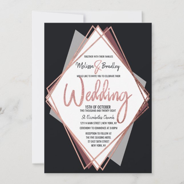 Invitation Mariage géométrique rose Gold Black Mauve Grey (Devant)