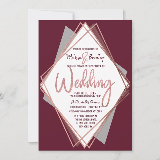 Invitation Mariage géométrique rose Gold Burgundy Red Grey (Devant)