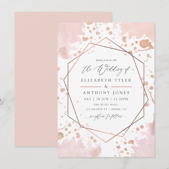 Invitation Mariage géométrique rose gold et rose blush (Devant / Derrière)