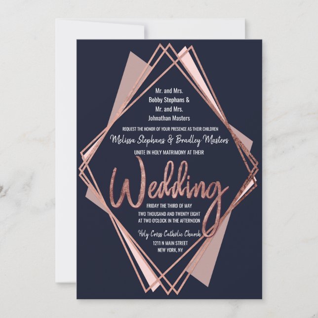 Invitation Mariage géométrique rose Gold Marine Blue Mauve (Devant)