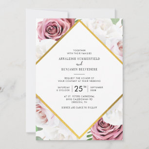 Invitation Mariage géométrique rose or et blanc Floral or