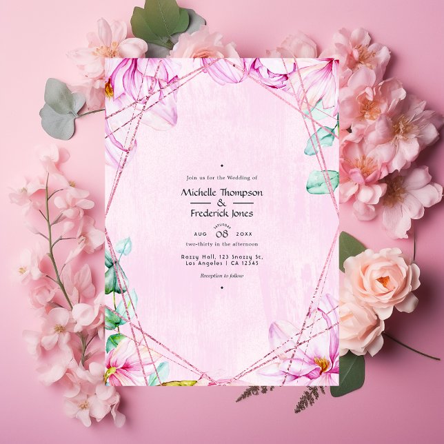 Invitation Mariage géométrique rose or et rose Floral (Créateur téléchargé)