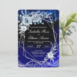 Invitation Mariage Géométrique Royal Bleu Et Blanc Argent