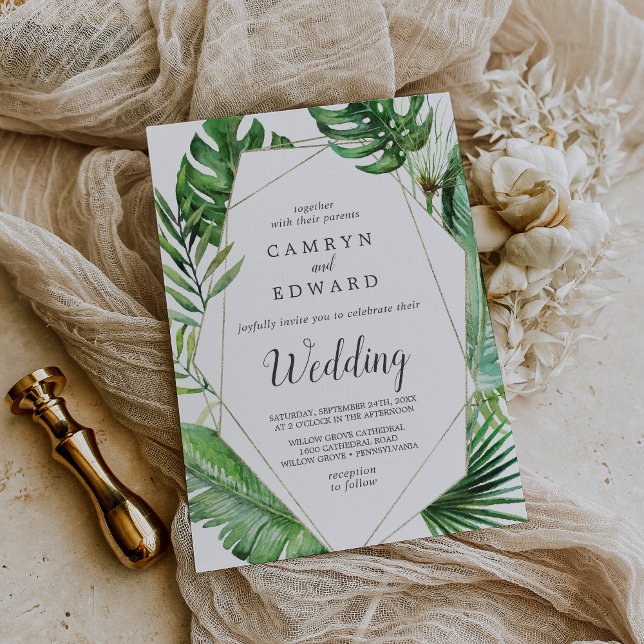 Invitation Mariage géométrique Sauvage Tropical Palm (Wild Tropical Palm Geometric Summer Beach Wedding Invitation)