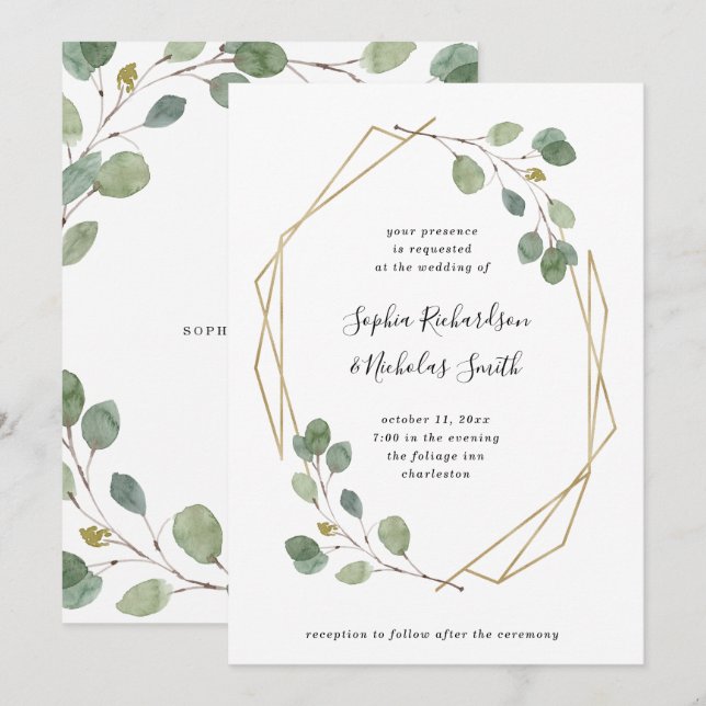 Invitation Mariage géométrique simple de la verdure | (Devant / Derrière)