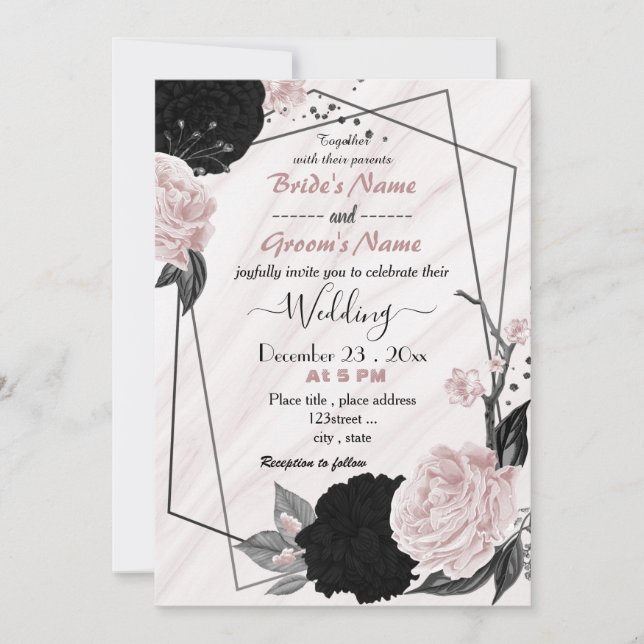 Invitation mariage géométrique souple rose et noir (Devant)