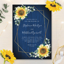 Invitation Mariage géométrique Sunflower Navy Blue Wood