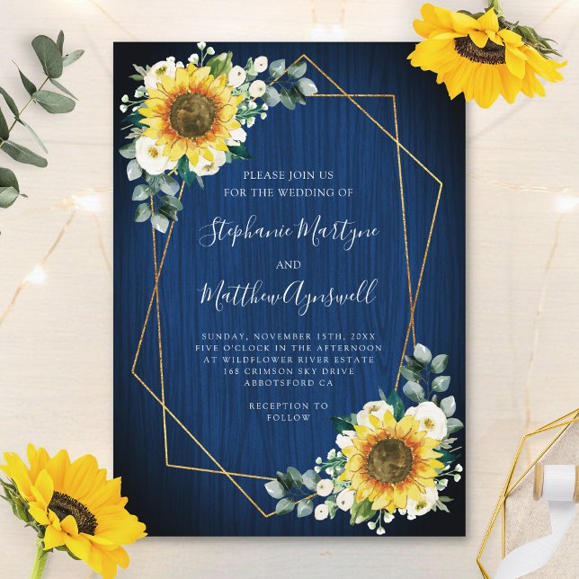 Invitation Mariage géométrique Sunflower Navy Blue Wood (Créateur téléchargé)