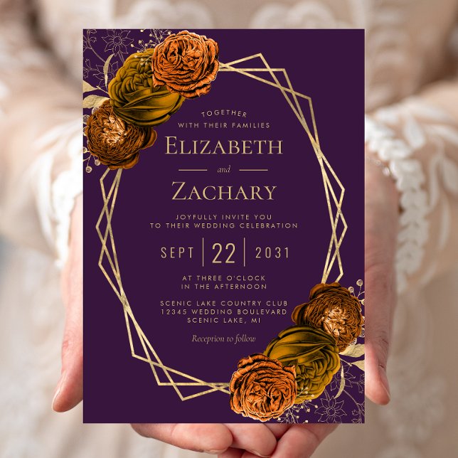 Invitation Mariage géométrique violet Burple Orange Floral Or (Créateur téléchargé)