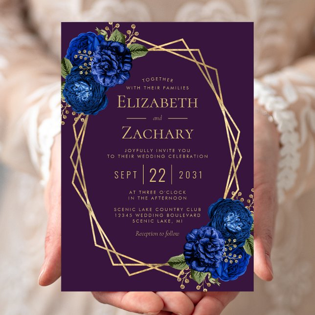 Invitation Mariage géométrique violet Royal Blue Floral Gold (Créateur téléchargé)