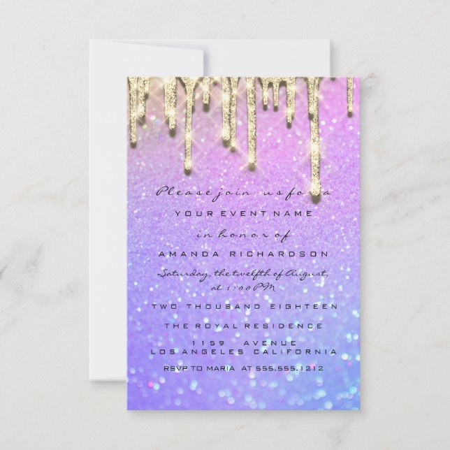Invitation Mariage Glam Rose Drips Holographiques Sweet 16 (Devant)