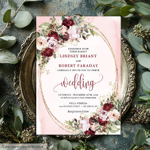 Invitation Mariage Glamour Boho Bourgogne Rose Doré