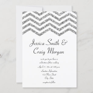 Invitation Mariage Glamour Faux Paillettes Argent Chevron