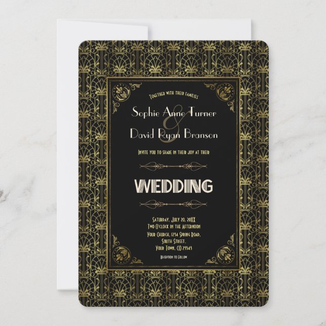 Invitation Mariage | Gold Black Roaring 20s Art Déco (Devant)