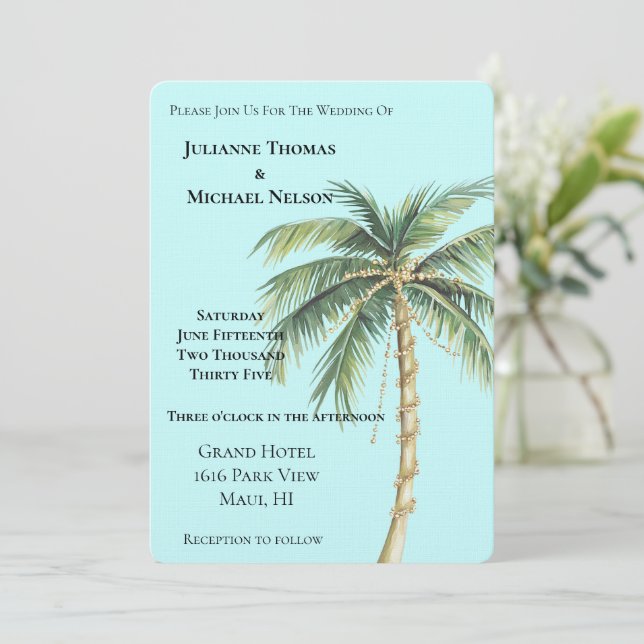 Invitation Mariage Gold Blue Tropical Palm Tree (Debout devant)
