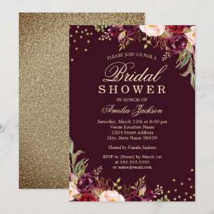 Invitation Mariage Gold Burgundy floral Sparkle