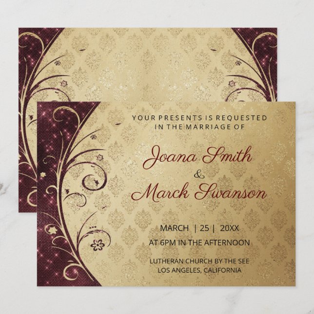 Invitation Mariage Gold Damask Et Purple Swils (Devant / Derrière)