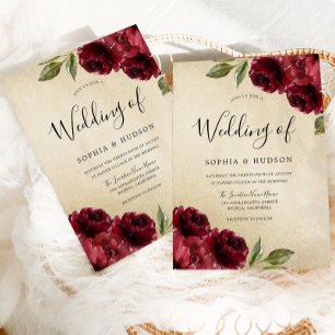Invitation Mariage Gold Elegant Bourgogne Rouge Fleurs