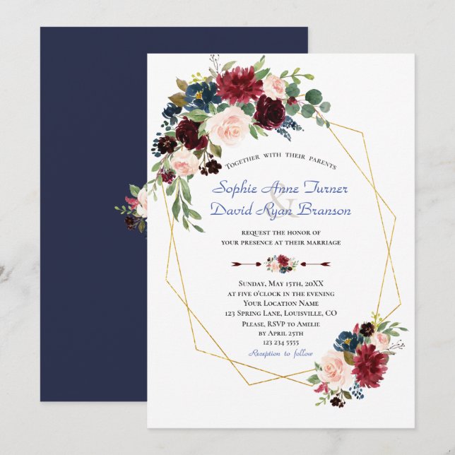 Invitation Mariage Gold Frame aux fleurs rouges de Bourgogne (Devant / Derrière)