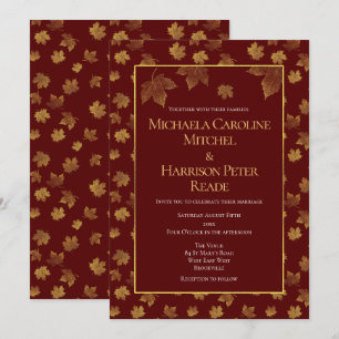 Invitation Mariage Gold Leaf Burgundy Marsala
