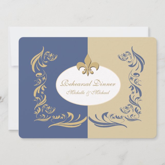 Invitation Mariage Gold Sand and Ice Blue Fleur de Lis (Devant)