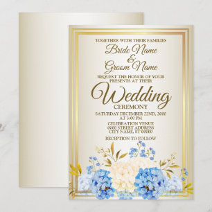 Invitation Mariage Golden Blue Jaune Floral Frame Rustique