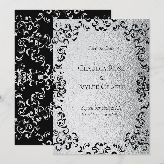 Invitation Mariage gothique argenté et noir (Devant / Derrière)