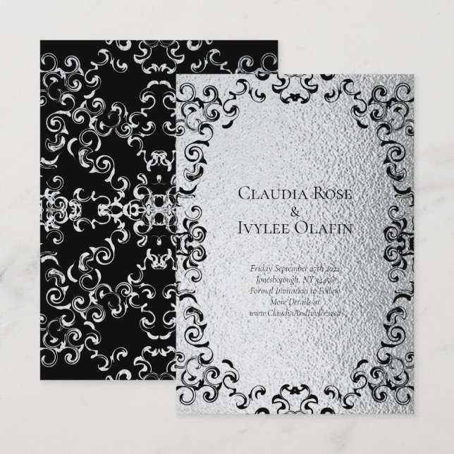 Invitation Mariage gothique argenté et noir (Devant / Derrière)
