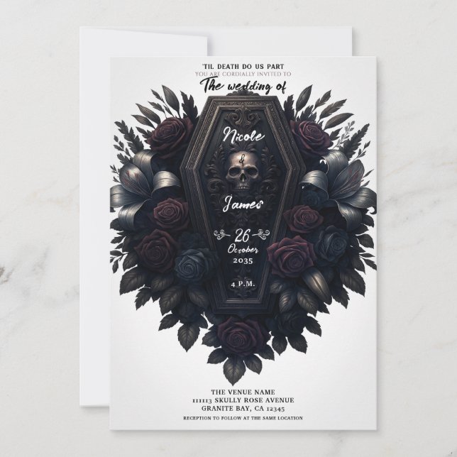 Invitation Mariage gothique blanc au crâne floral en fleur de (Devant)