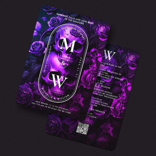 Invitation Mariage gothique bleu foncé pourpre Roses crâne (Gothic Wedding Dark Blue Purple Skull Roses Invitation
)