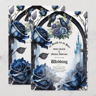 Invitation Mariage gothique Bleu noir Roses Ravens