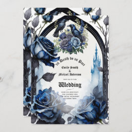 Invitation Mariage gothique Bleu noir Roses Ravens