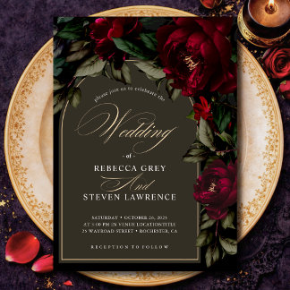 Invitation Mariage gothique chic sombre aux fleurs rouges et