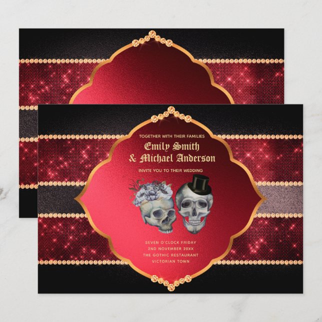 Invitation Mariage gothique Crânes d'or gris-rouge profond (Devant / Derrière)