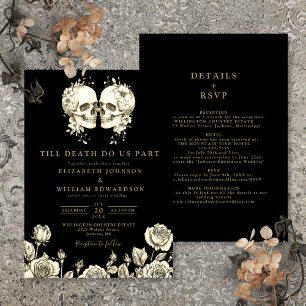 Invitation Mariage Gothique Crânes Noir et Or Tout en Un