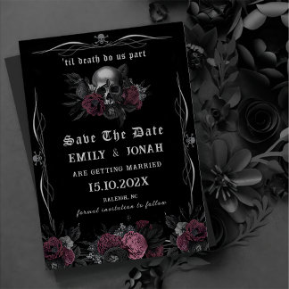 Invitation Mariage gothique de Bourgogne à crâne floral Enreg