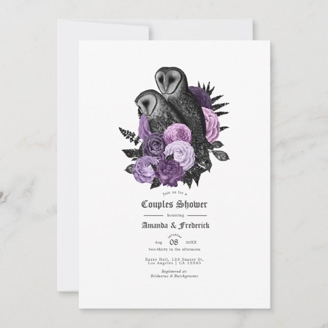 Invitation Mariage gothique de chouettes violettes de glamour (Devant)