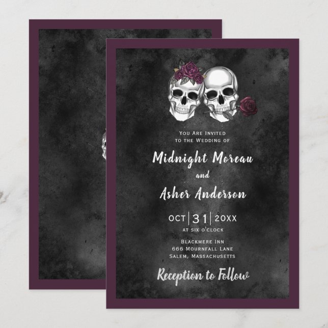 Invitation Mariage gothique de crânes squelettes avec des ros (Devant / Derrière)