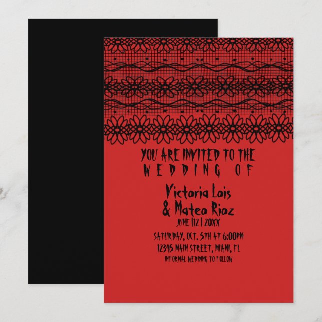 Invitation Mariage gothique dentelle rouge noir (Devant / Derrière)
