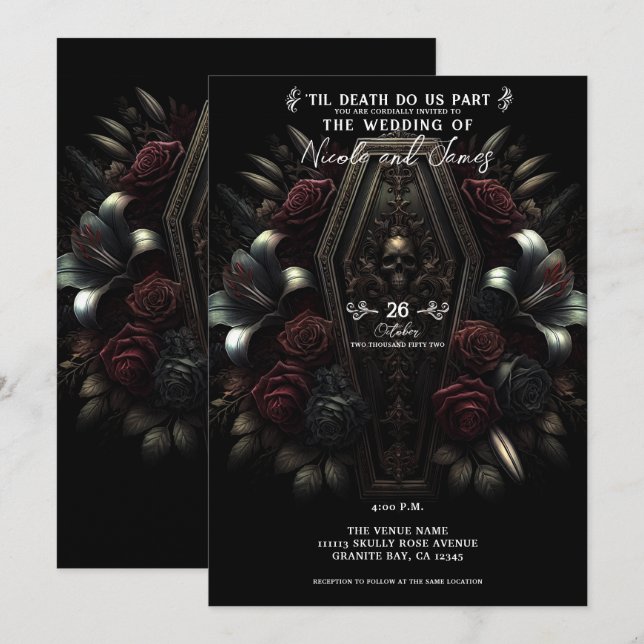 Invitation Mariage gothique du crâne floral foncé Moody (Devant / Derrière)