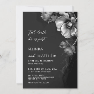 Invitation Mariage gothique Fleurs Noir Blanc et Argentées