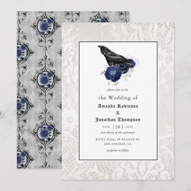 Invitation Mariage gothique floral et dentelle (Devant / Derrière)