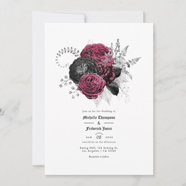 Invitation Mariage gothique floral marsala, noir et argent (Devant)