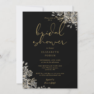 Invitation Mariage gothique floral noir et or Shower