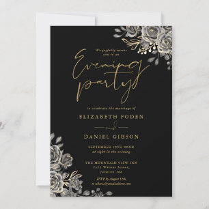 Invitation Mariage gothique floral noir et or Soirée de fête