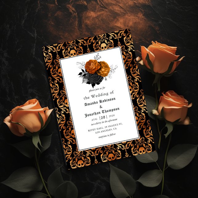 Invitation Mariage gothique floral noir et orange (Créateur téléchargé)
