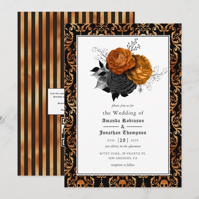 Invitation Mariage gothique Floral Noir et Orange Photo Invit (Devant / Derrière)