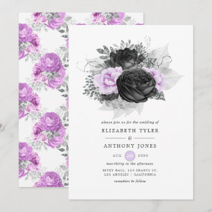 Invitation Mariage gothique floral noir, violet et argent