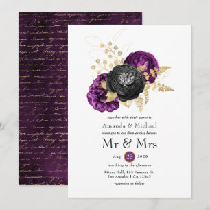 Invitation Mariage gothique floral noir, violet et or