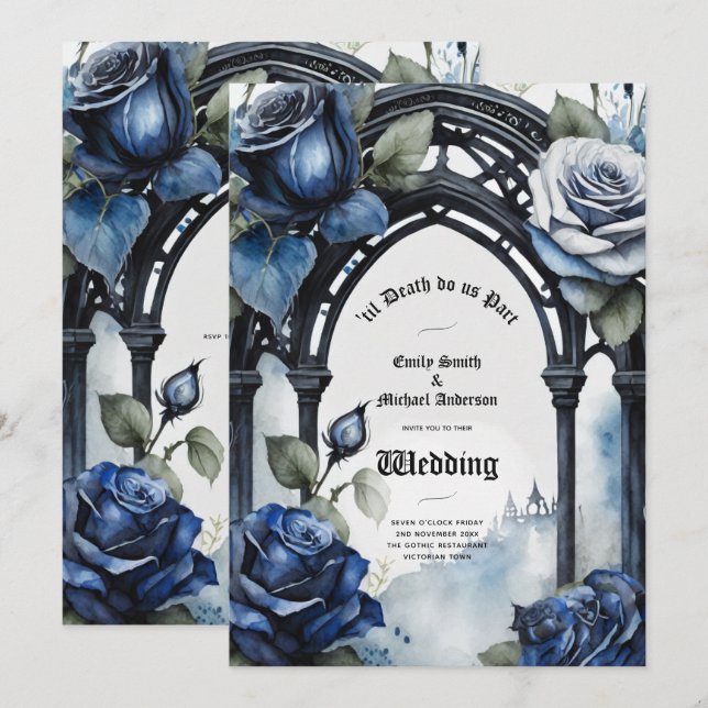 Invitation Mariage gothique Noir Bleu Rose Arch Alternative (Devant / Derrière)